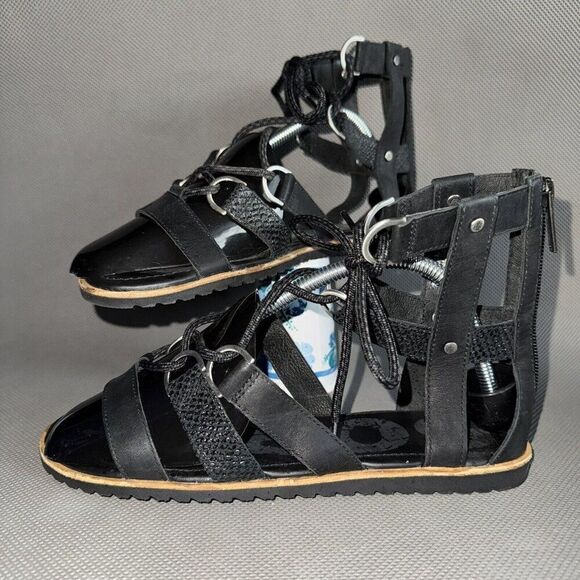 Sorel Gladiator Sandals Ella Black Leather Strappy Heel Zip Snakeskin Size 9 - Picture 2 of 9